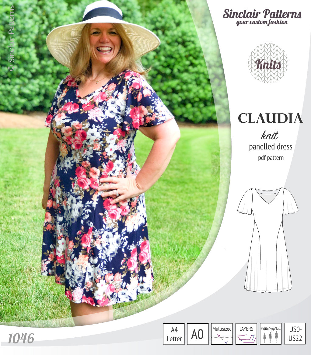 PDF Sewing pattern Sinclair Patterns S1046 Claudia godet style knit dress or tunic with flutter sleeves