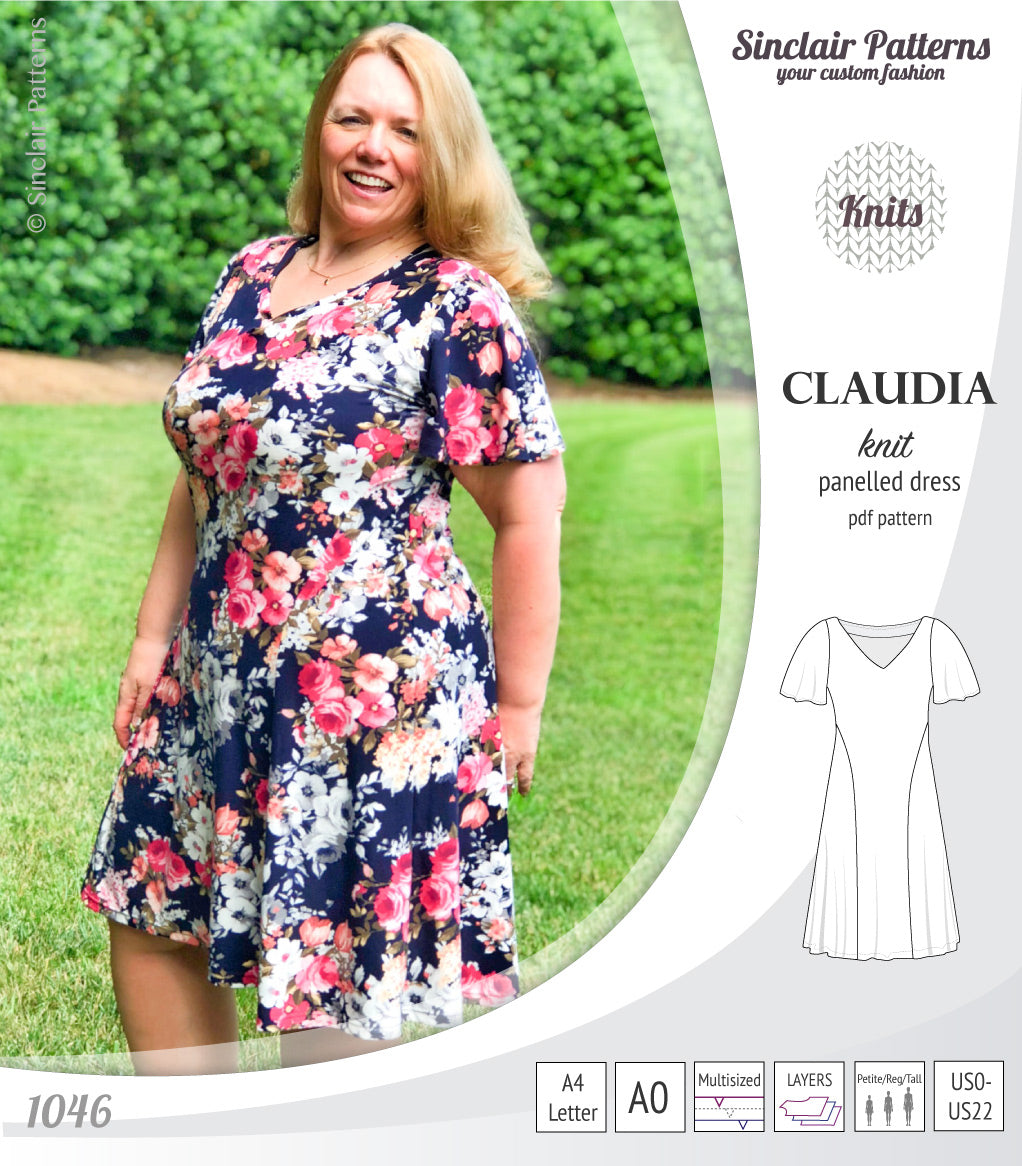 PDF Sewing pattern Sinclair Patterns S1046 Claudia godet style knit dress or tunic with flutter sleeves