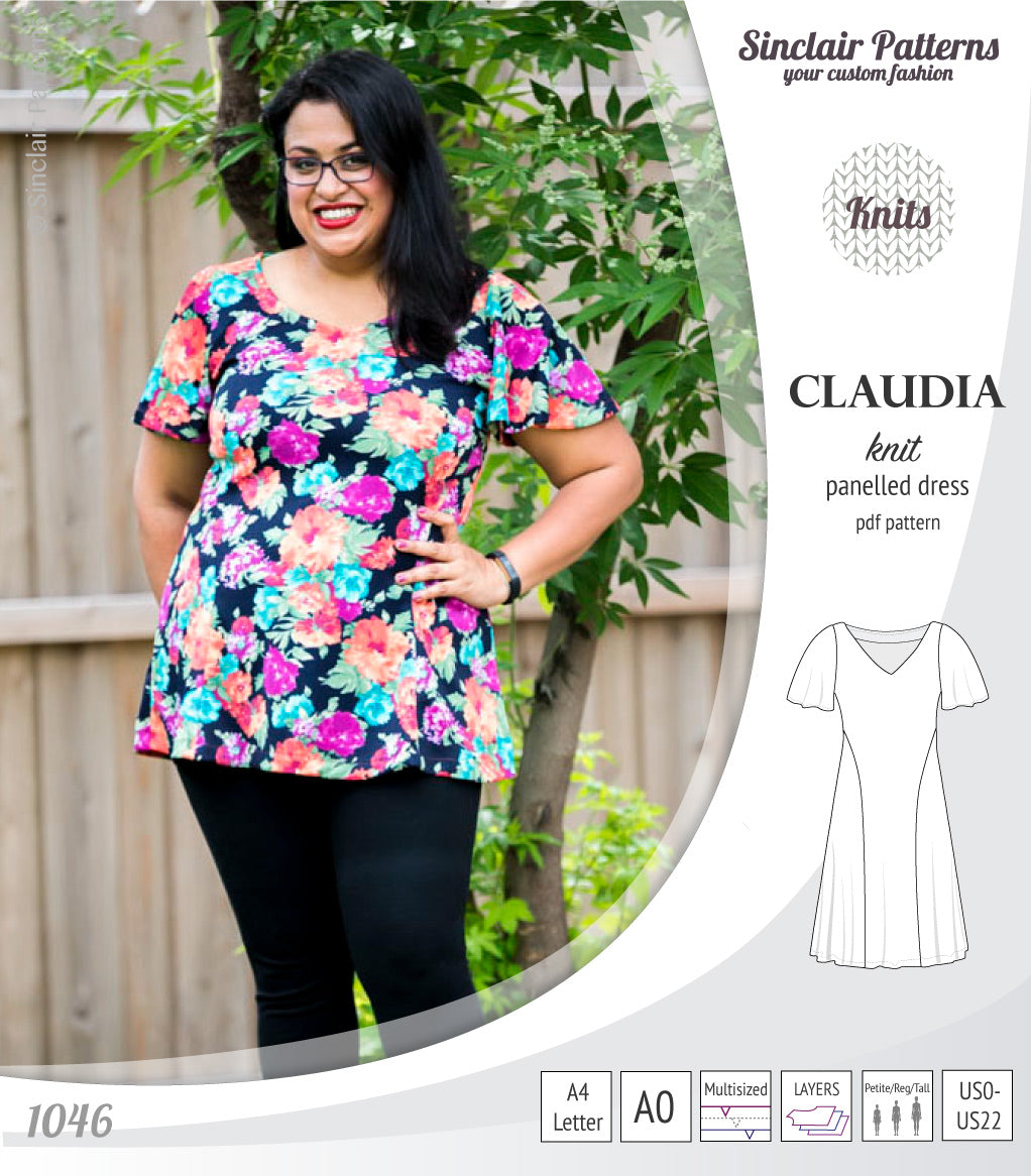 PDF Sewing pattern Sinclair Patterns S1046 Claudia godet style knit dress or tunic with flutter sleeves