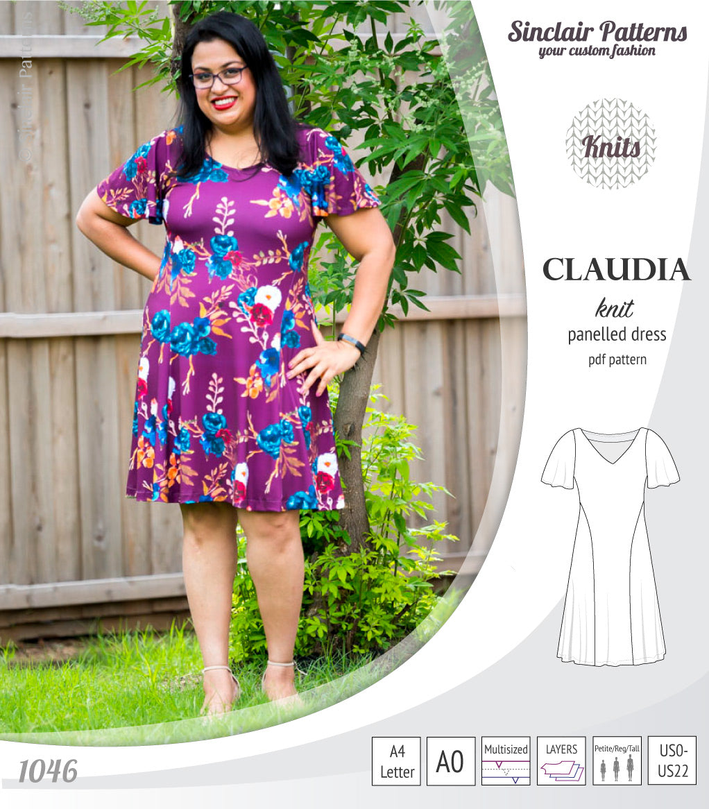 PDF Sewing pattern Sinclair Patterns S1046 Claudia godet style knit dress or tunic with flutter sleeves