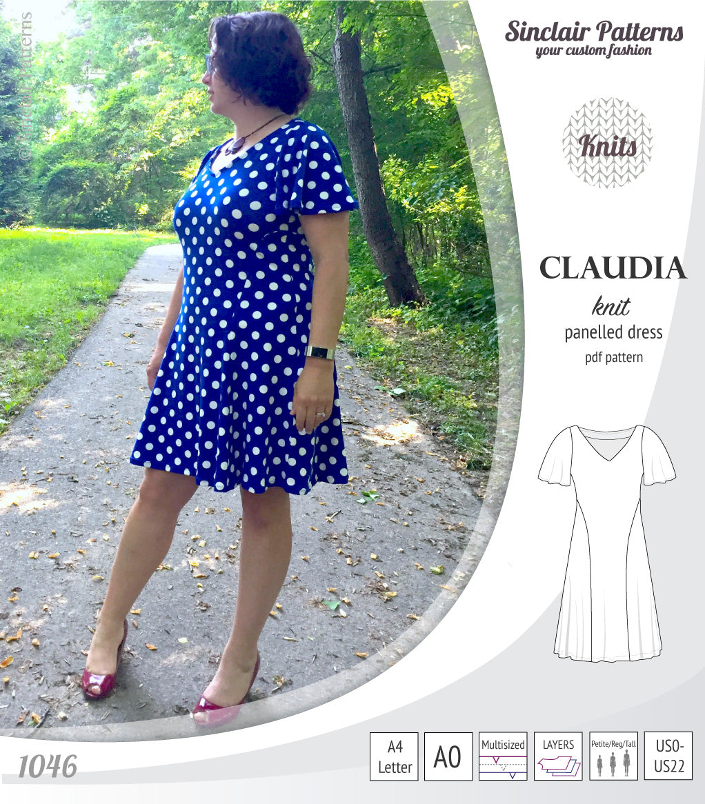 PDF Sewing pattern Sinclair Patterns S1046 Claudia godet style knit dress or tunic with flutter sleeves