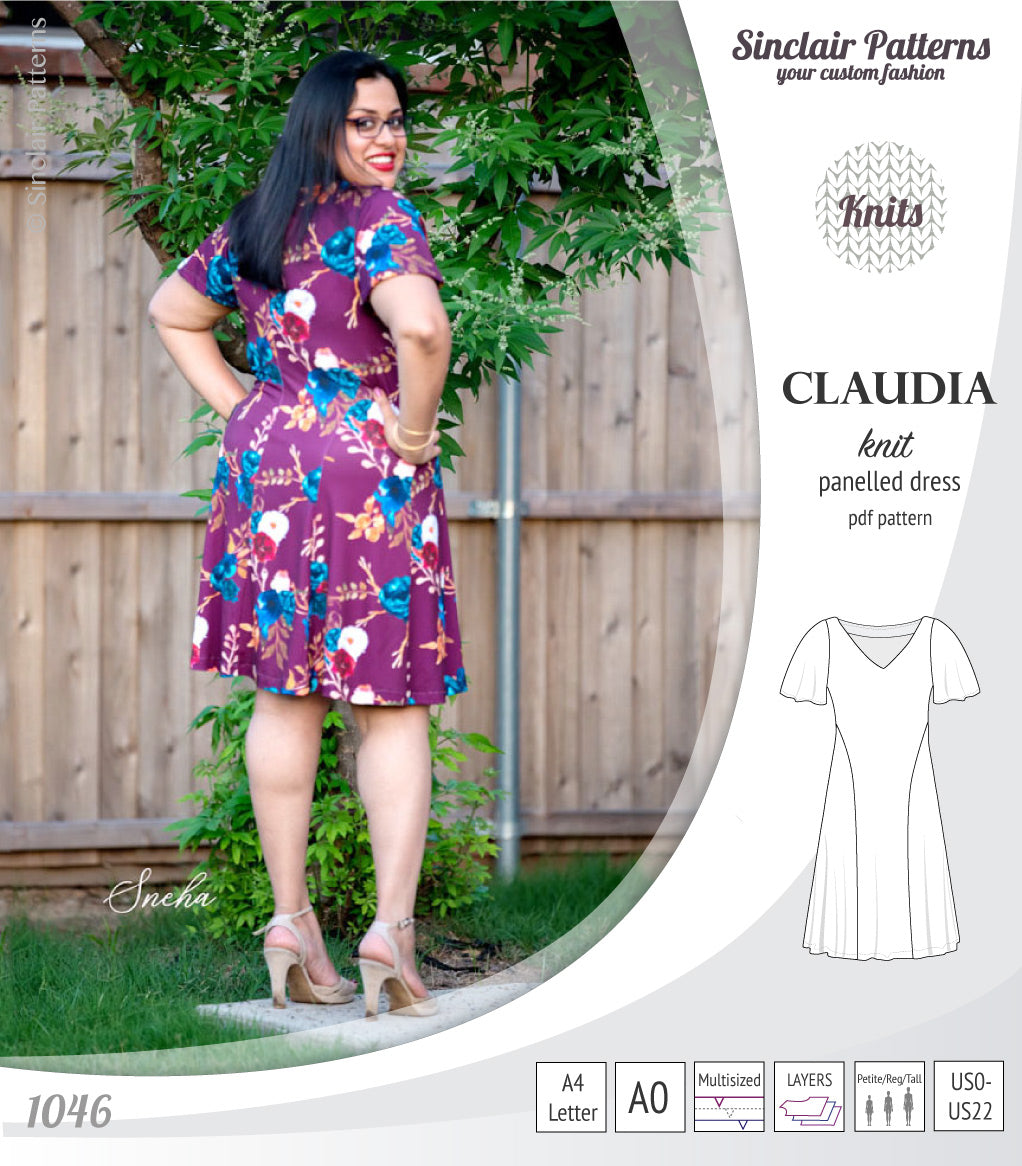 PDF Sewing pattern Sinclair Patterns S1046 Claudia godet style knit dress or tunic with flutter sleeves
