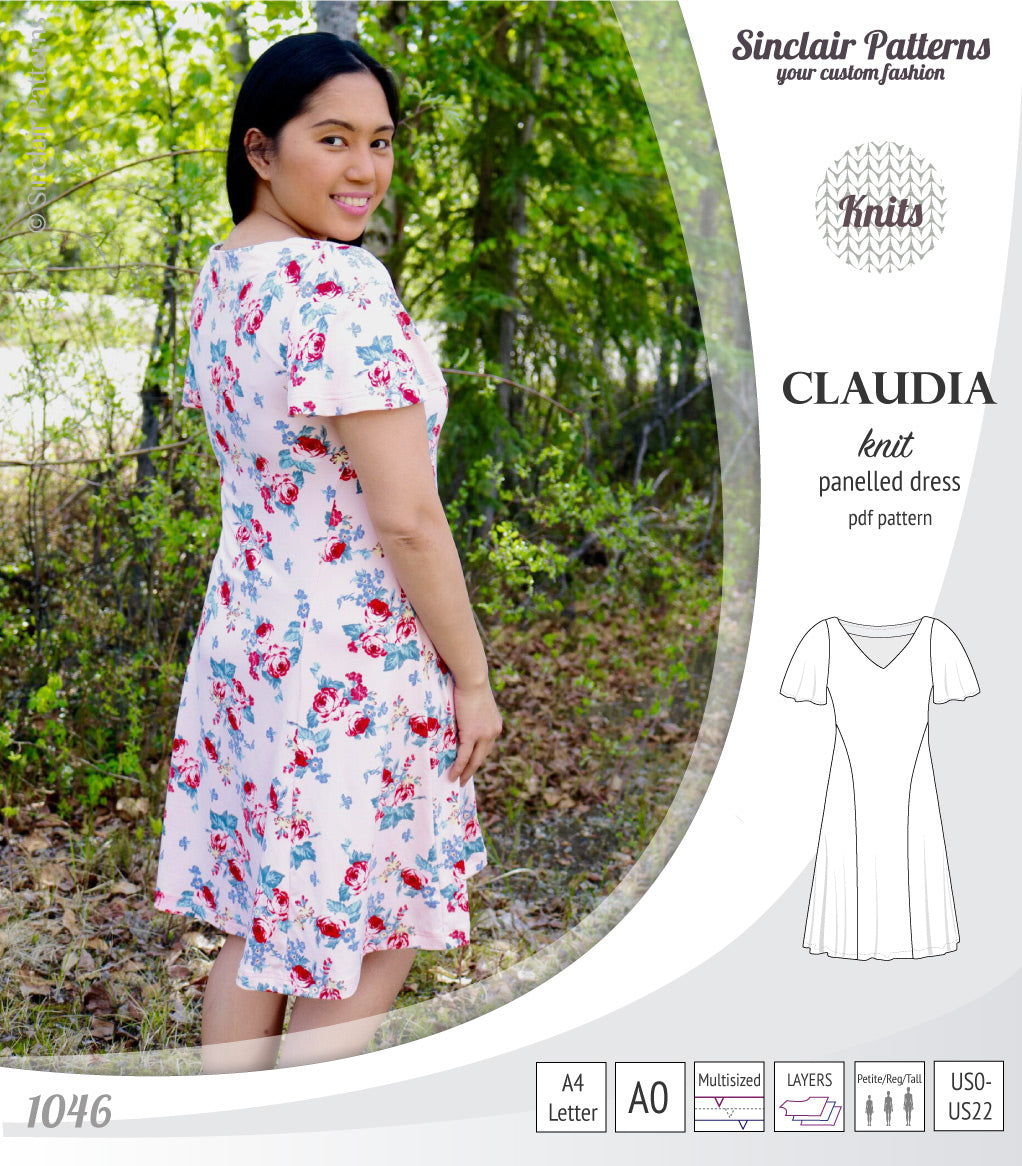 PDF Sewing pattern Sinclair Patterns S1046 Claudia godet style knit dress or tunic with flutter sleeves