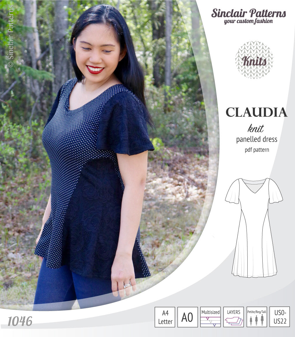 PDF Sewing pattern Sinclair Patterns S1046 Claudia godet style knit dress or tunic with flutter sleeves