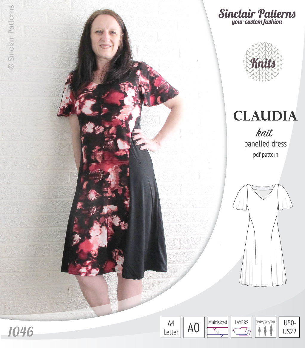 PDF Sewing pattern Sinclair Patterns S1046 Claudia godet style knit dress or tunic with flutter sleeves