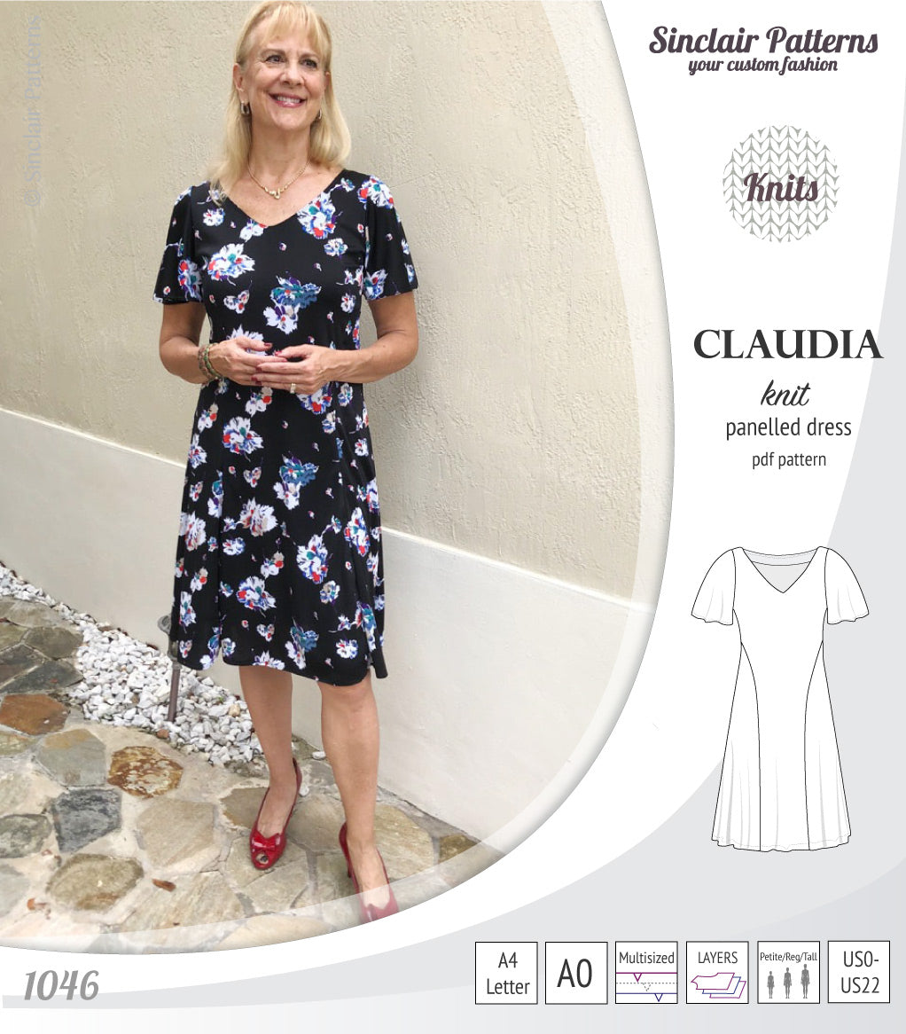 PDF Sewing pattern Sinclair Patterns S1046 Claudia godet style knit dress or tunic with flutter sleeves