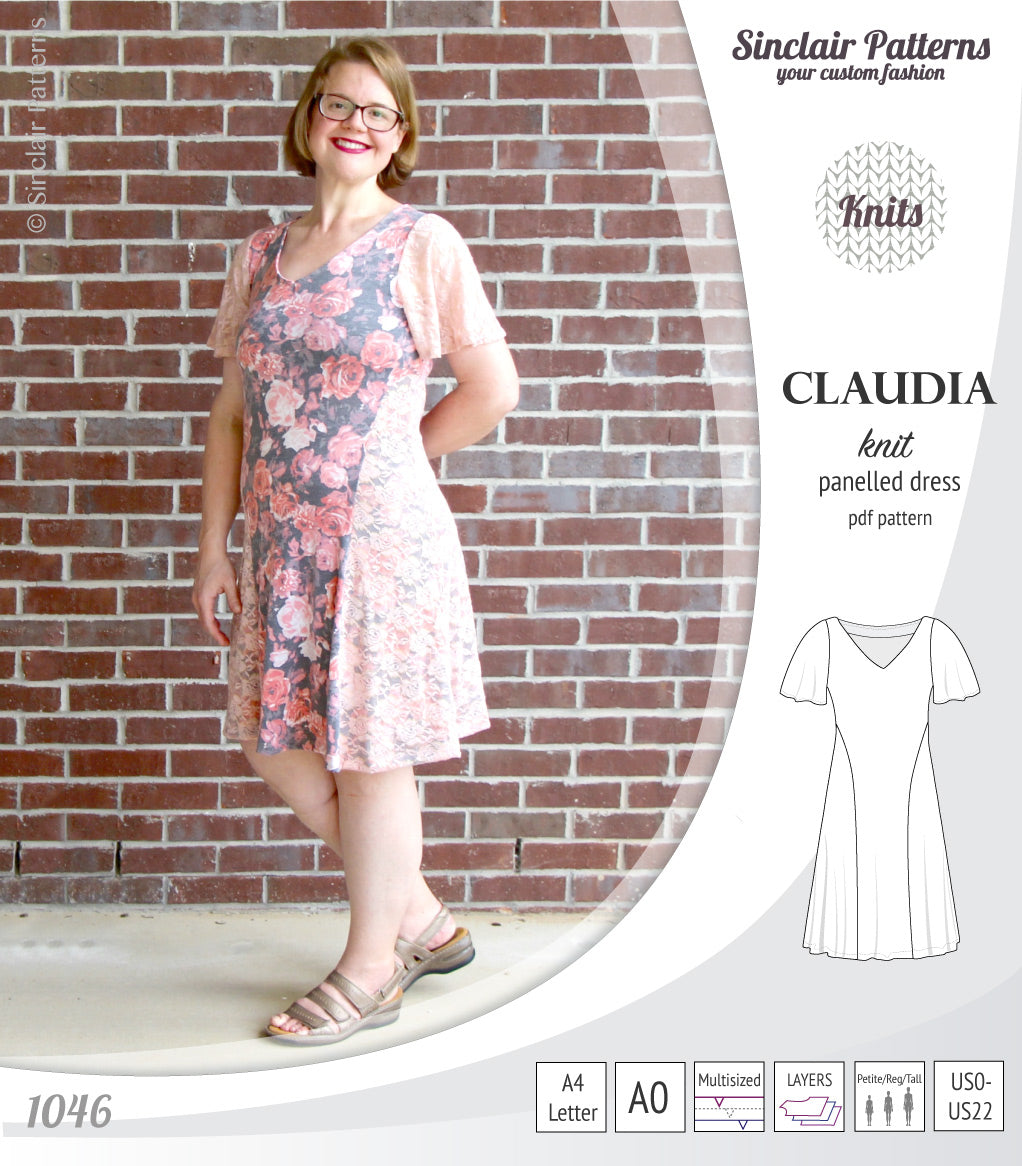 PDF Sewing pattern Sinclair Patterns S1046 Claudia godet style knit dress or tunic with flutter sleeves
