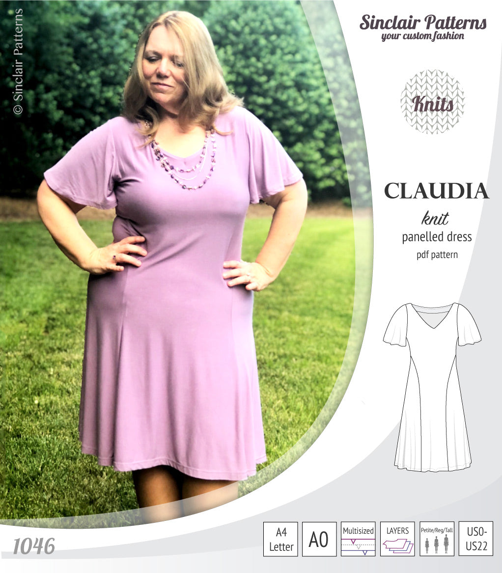 PDF Sewing pattern Sinclair Patterns S1046 Claudia godet style knit dress or tunic with flutter sleeves