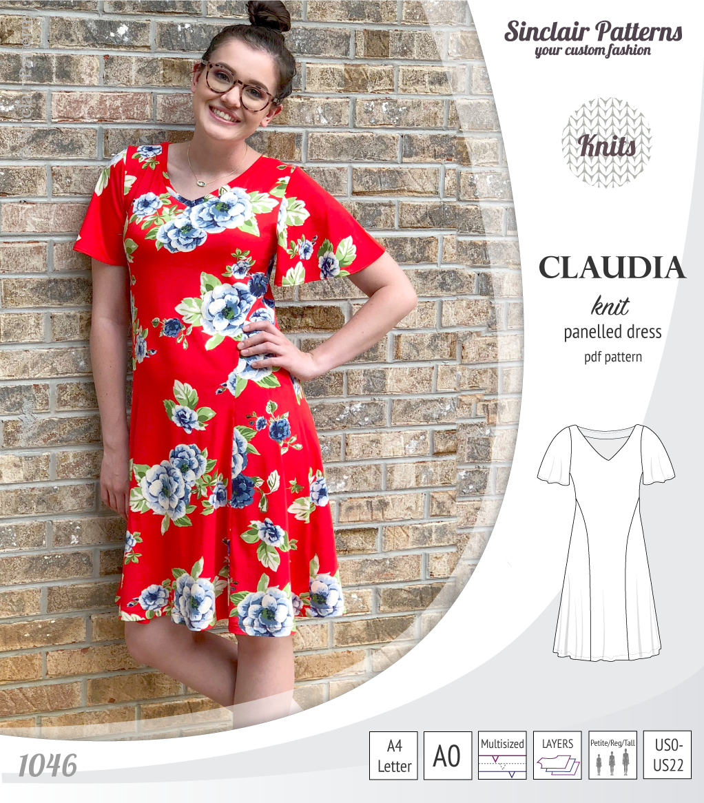 PDF Sewing pattern Sinclair Patterns S1046 Claudia godet style knit dress or tunic with flutter sleeves