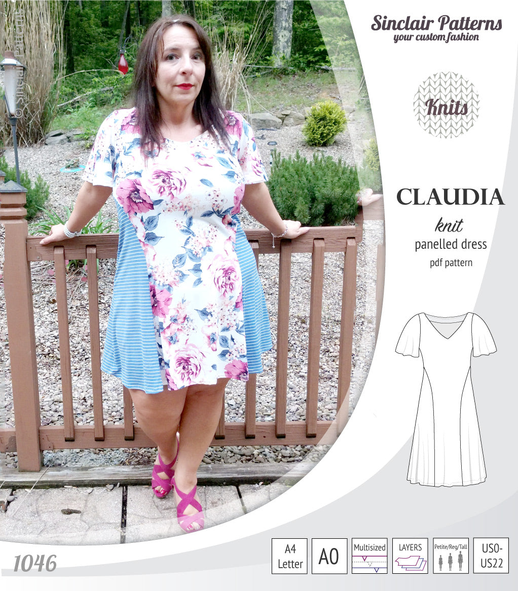 PDF Sewing pattern Sinclair Patterns S1046 Claudia godet style knit dress or tunic with flutter sleeves