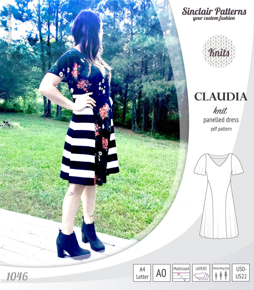 PDF Sewing pattern Sinclair Patterns S1046 Claudia godet style knit dress or tunic with flutter sleeves
