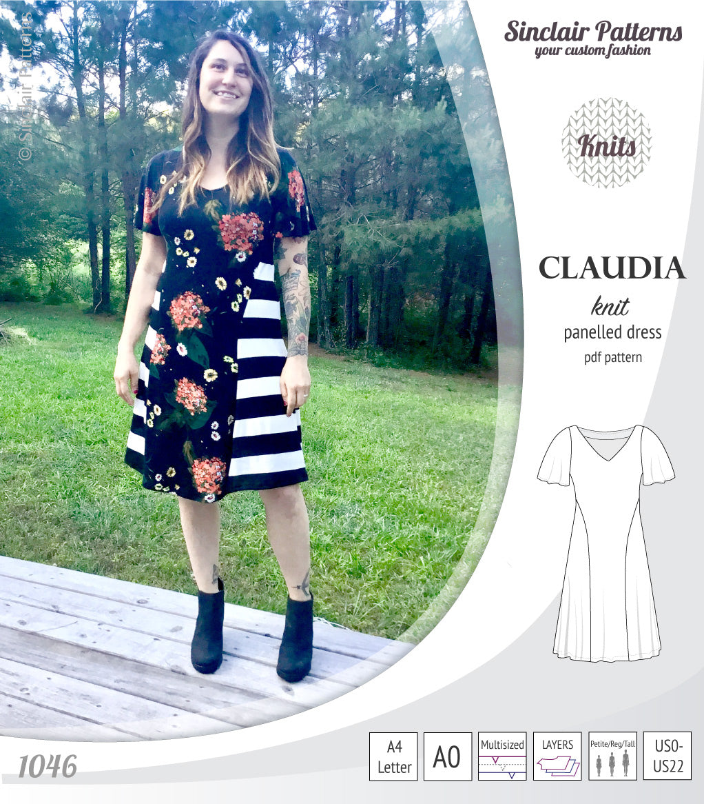 PDF Sewing pattern Sinclair Patterns S1046 Claudia godet style knit dress or tunic with flutter sleeves