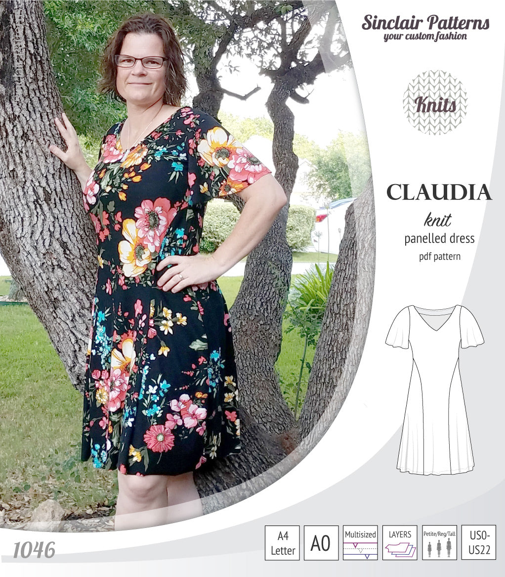 PDF Sewing pattern Sinclair Patterns S1046 Claudia godet style knit dress or tunic with flutter sleeves