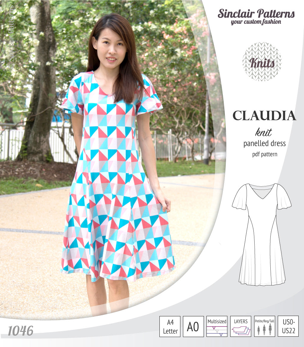 PDF Sewing pattern Sinclair Patterns S1046 Claudia godet style knit dress or tunic with flutter sleeves