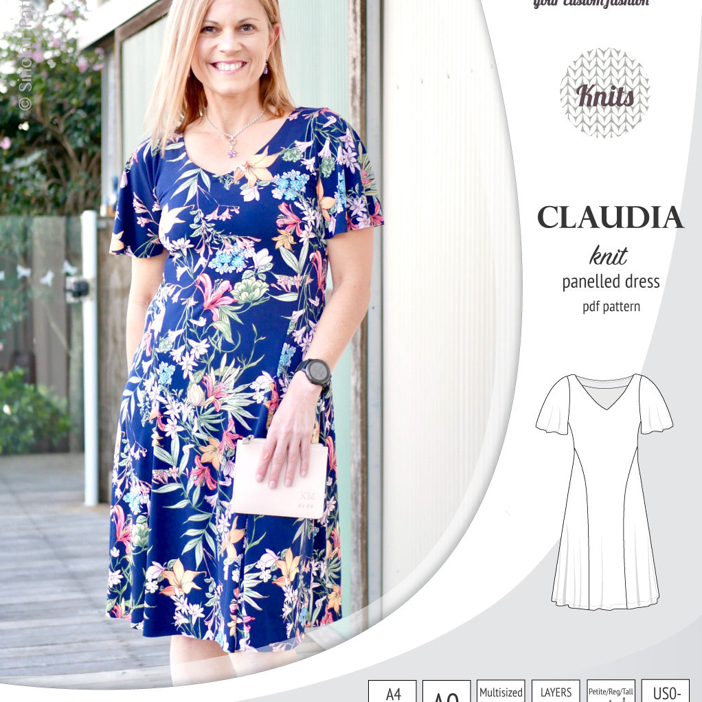 PDF Sewing pattern Sinclair Patterns S1046 Claudia godet style knit dress or tunic with flutter sleeves