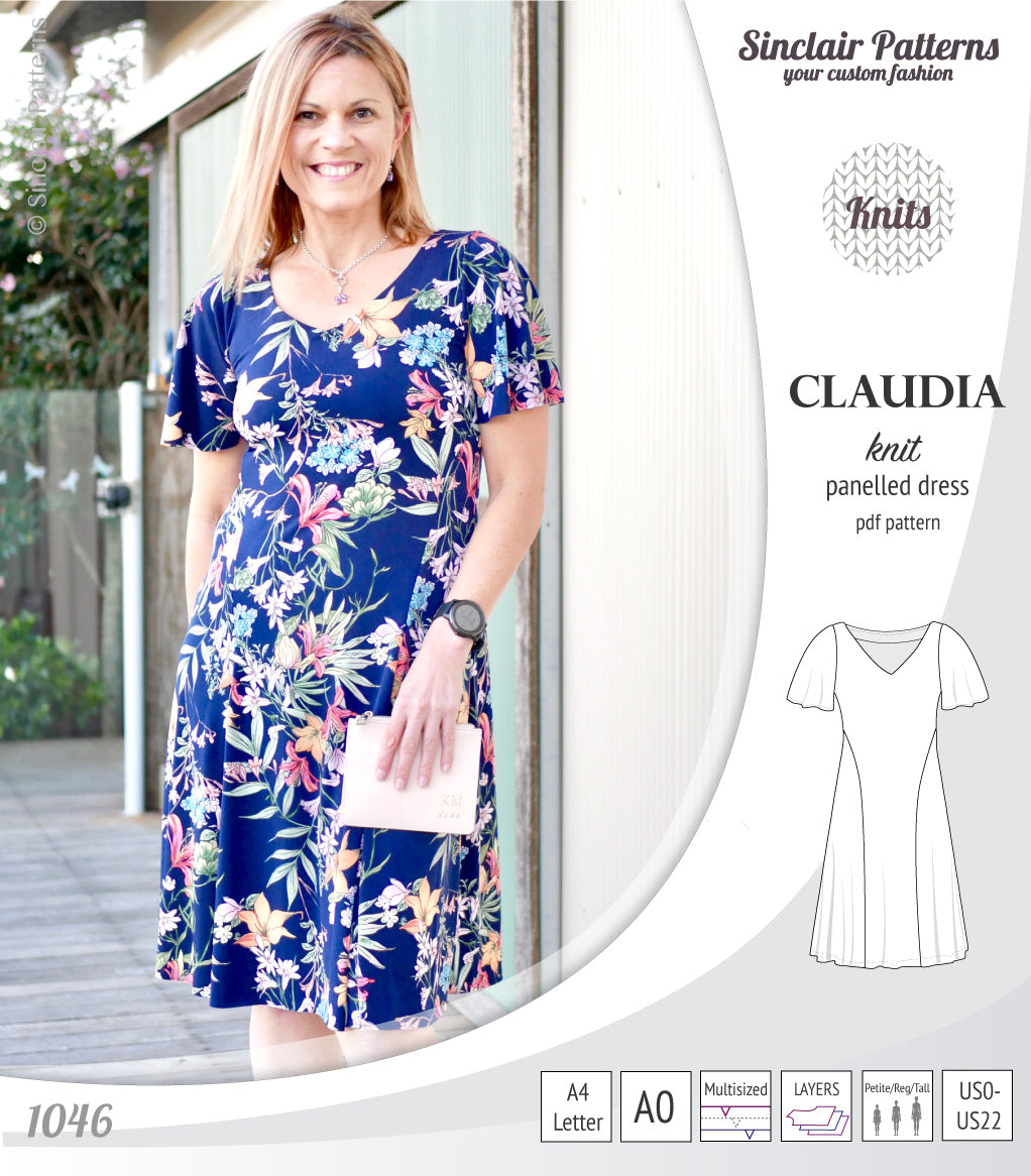 PDF Sewing pattern Sinclair Patterns S1046 Claudia godet style knit dress or tunic with flutter sleeves