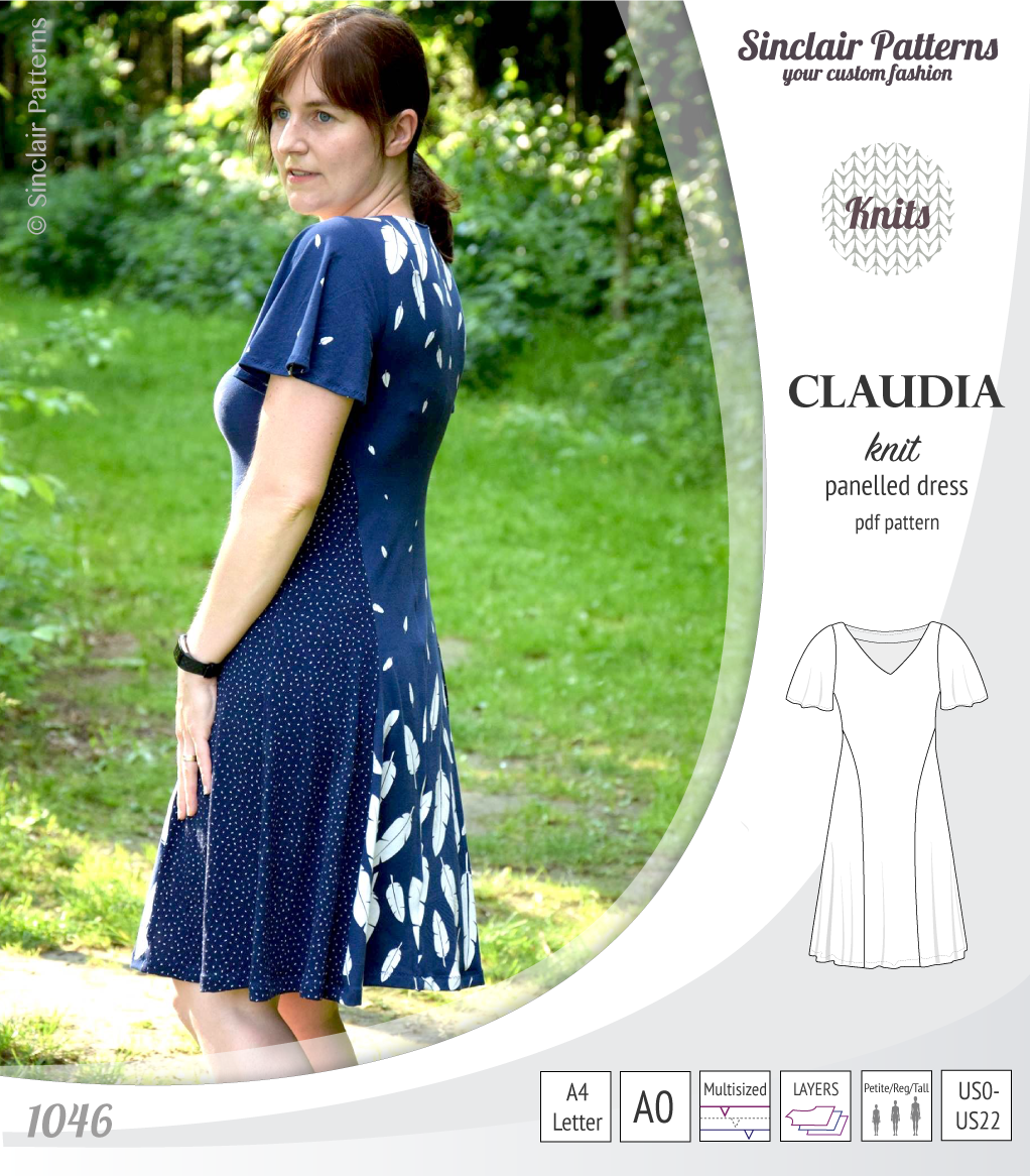 PDF Sewing pattern Sinclair Patterns S1046 Claudia godet style knit dress or tunic with flutter sleeves