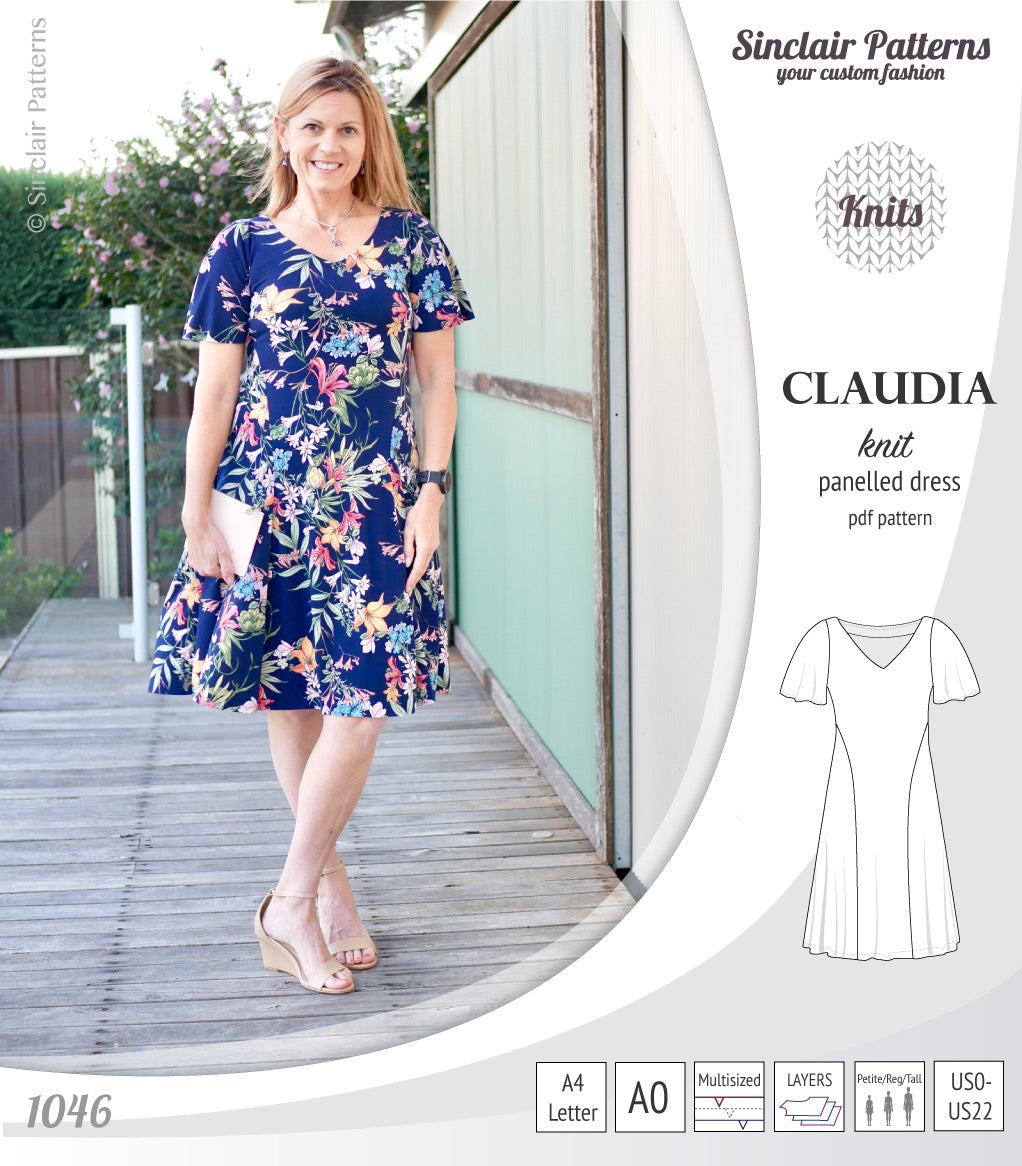 PDF Sewing pattern Sinclair Patterns S1046 Claudia godet style knit dress or tunic with flutter sleeves