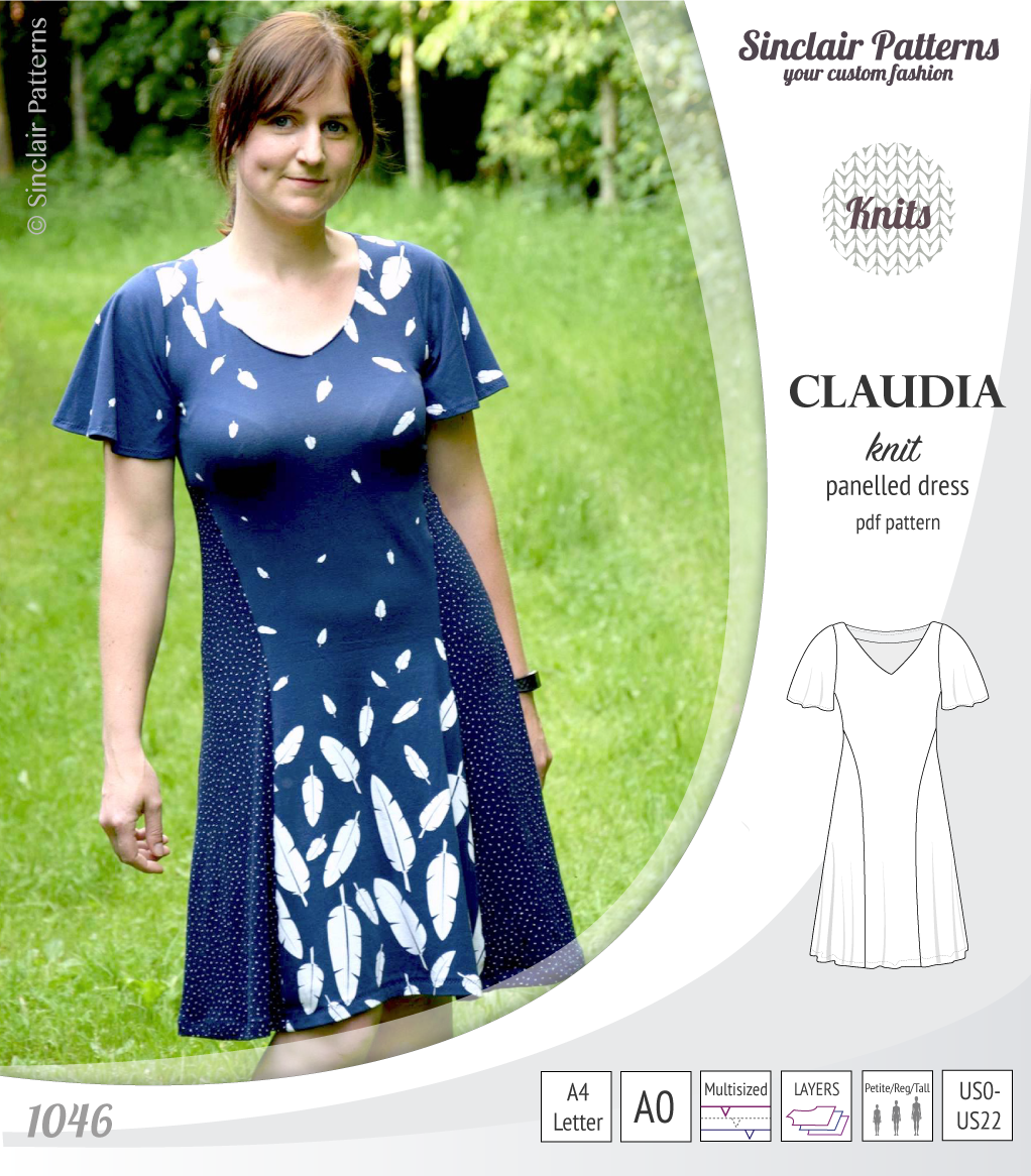 PDF Sewing pattern Sinclair Patterns S1046 Claudia godet style knit dress or tunic with flutter sleeves