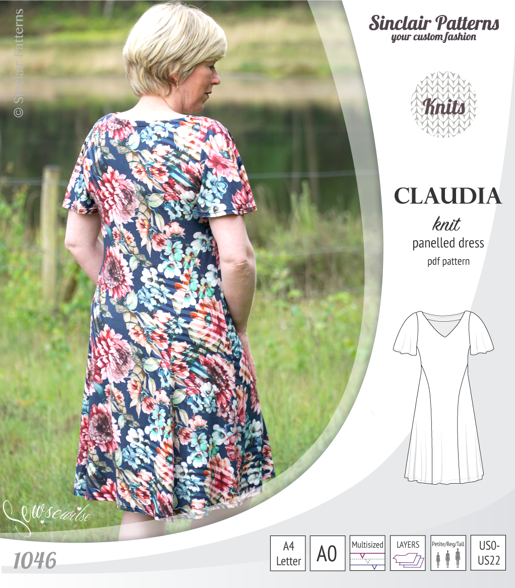 PDF Sewing pattern Sinclair Patterns S1046 Claudia godet style knit dress or tunic with flutter sleeves