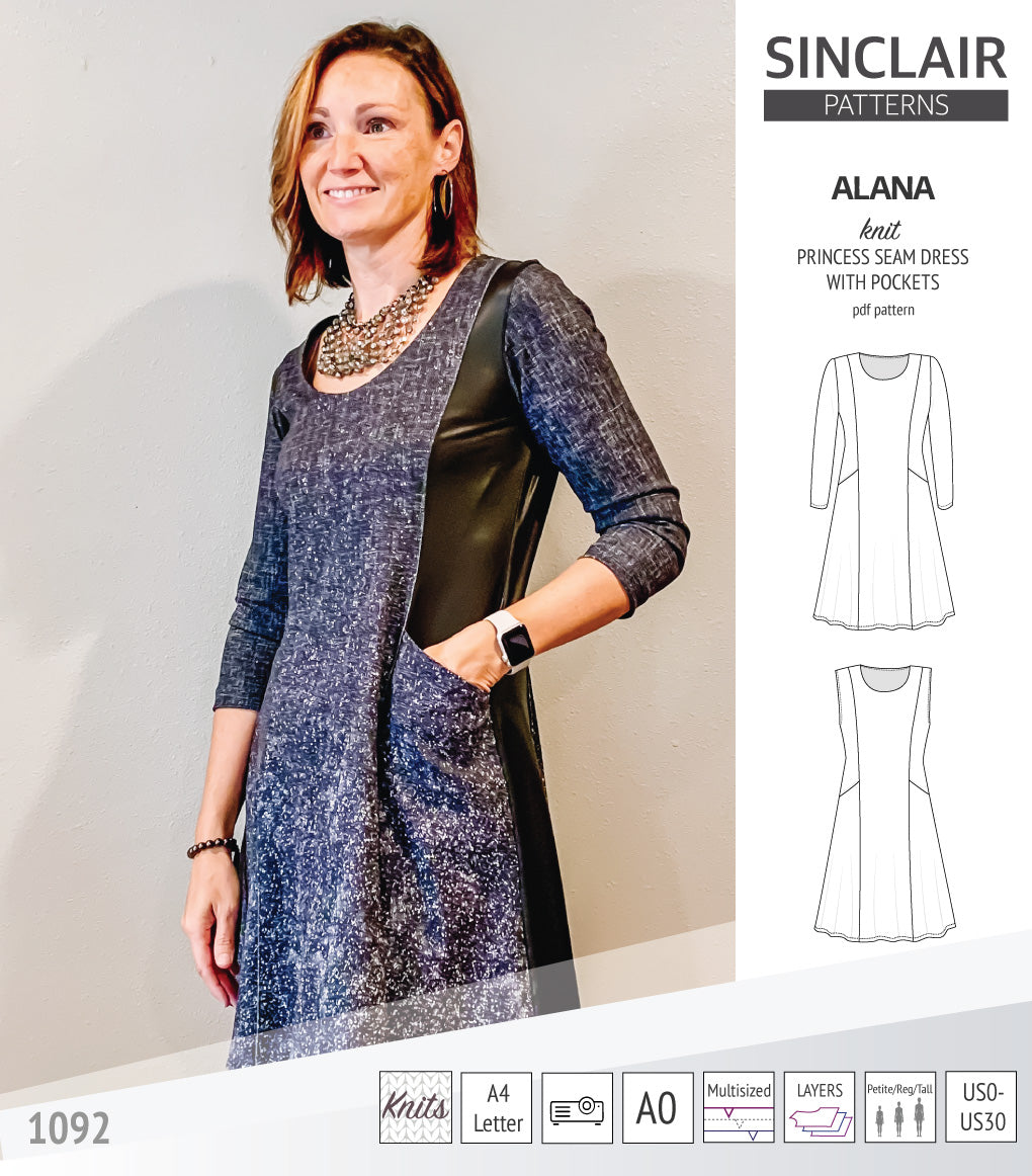 Alana princess seam knit dress with pockets pdf sewing pattern (PDF ...