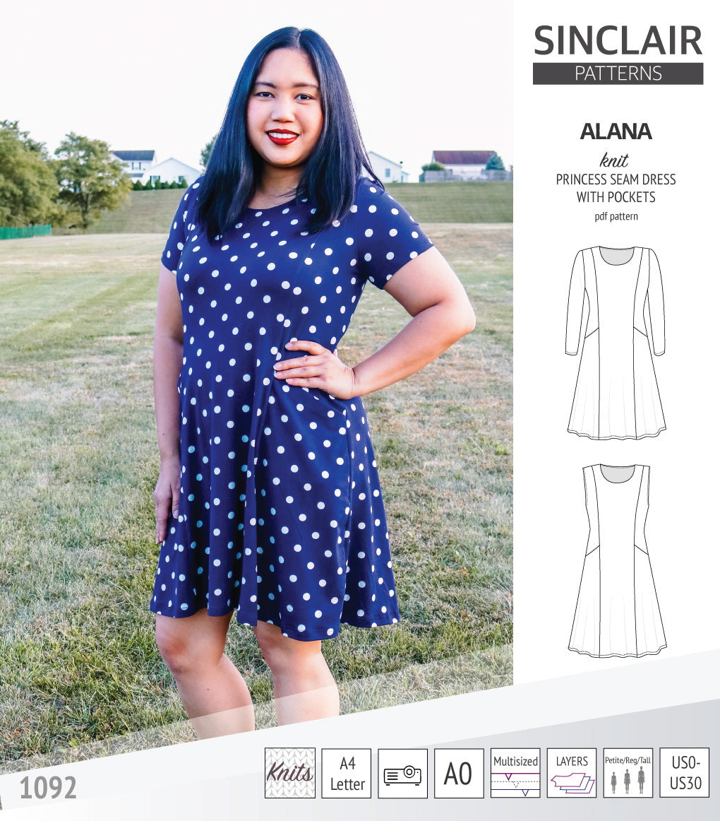 Alana princess seam knit dress with pockets pdf sewing pattern (PDF ...