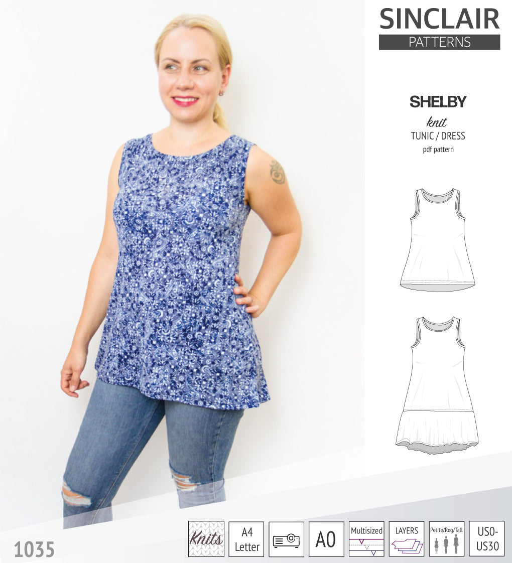 Tank top tunic for knit fabrics pdf sewing pattern by Sinclair Patterns