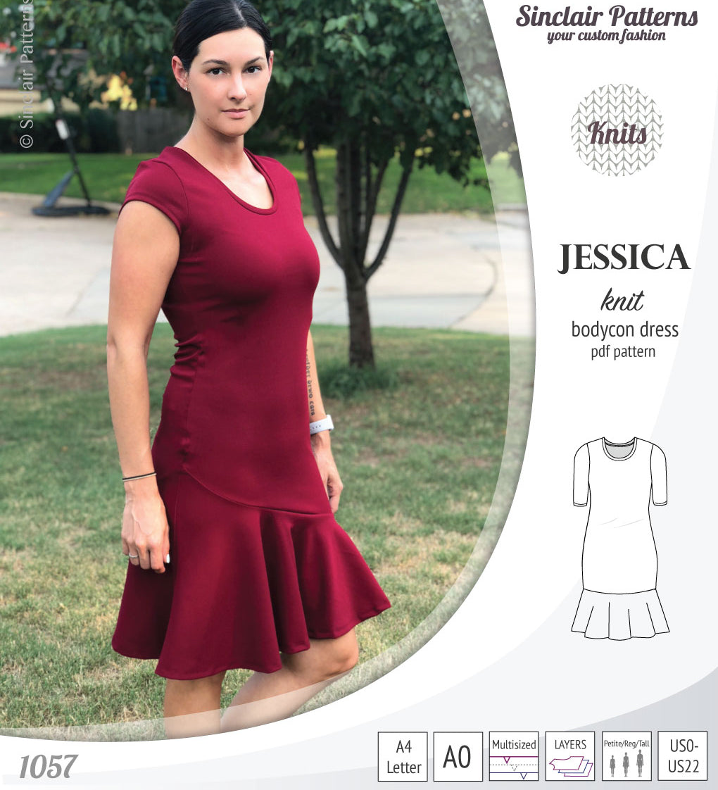 Pdf sewing pattern Jessica Bodycon dress for knit fabrics with peplum