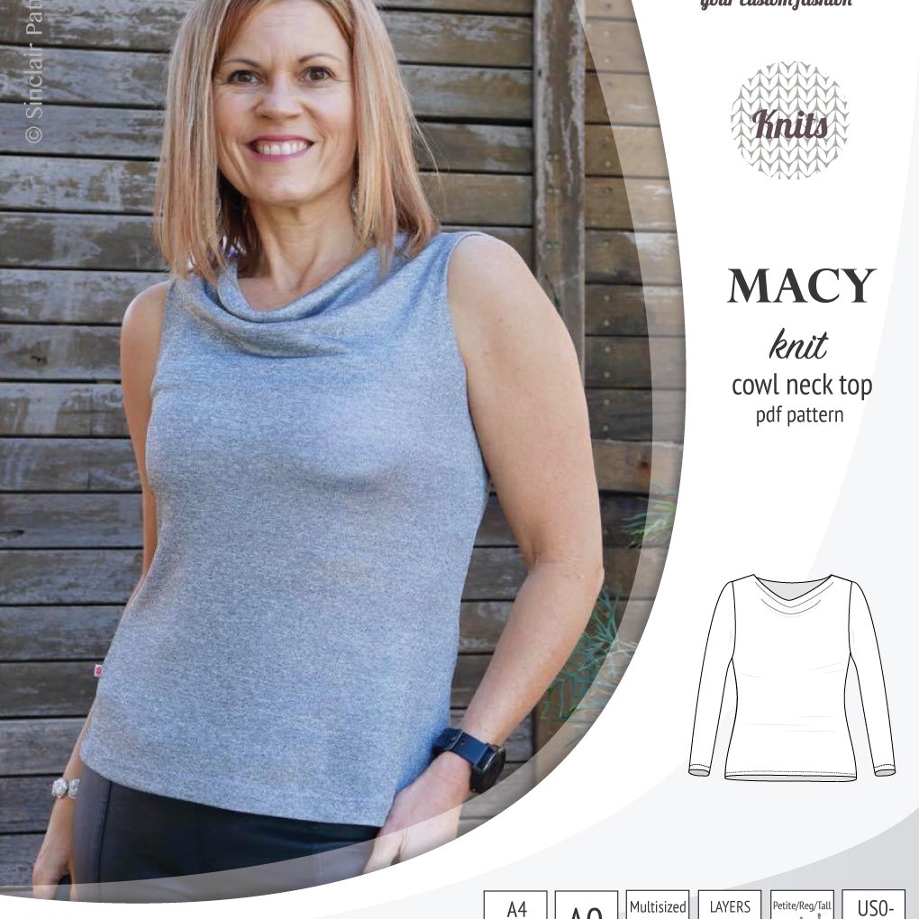 Pdf sewing pattern Macy cowl neck top by Sinclair Patterns