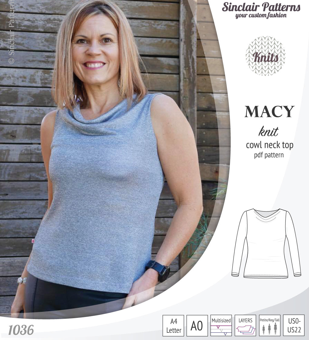 Pdf sewing pattern Macy cowl neck top by Sinclair Patterns