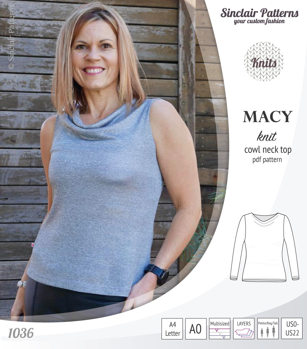 Pdf sewing pattern Macy cowl neck top by Sinclair Patterns