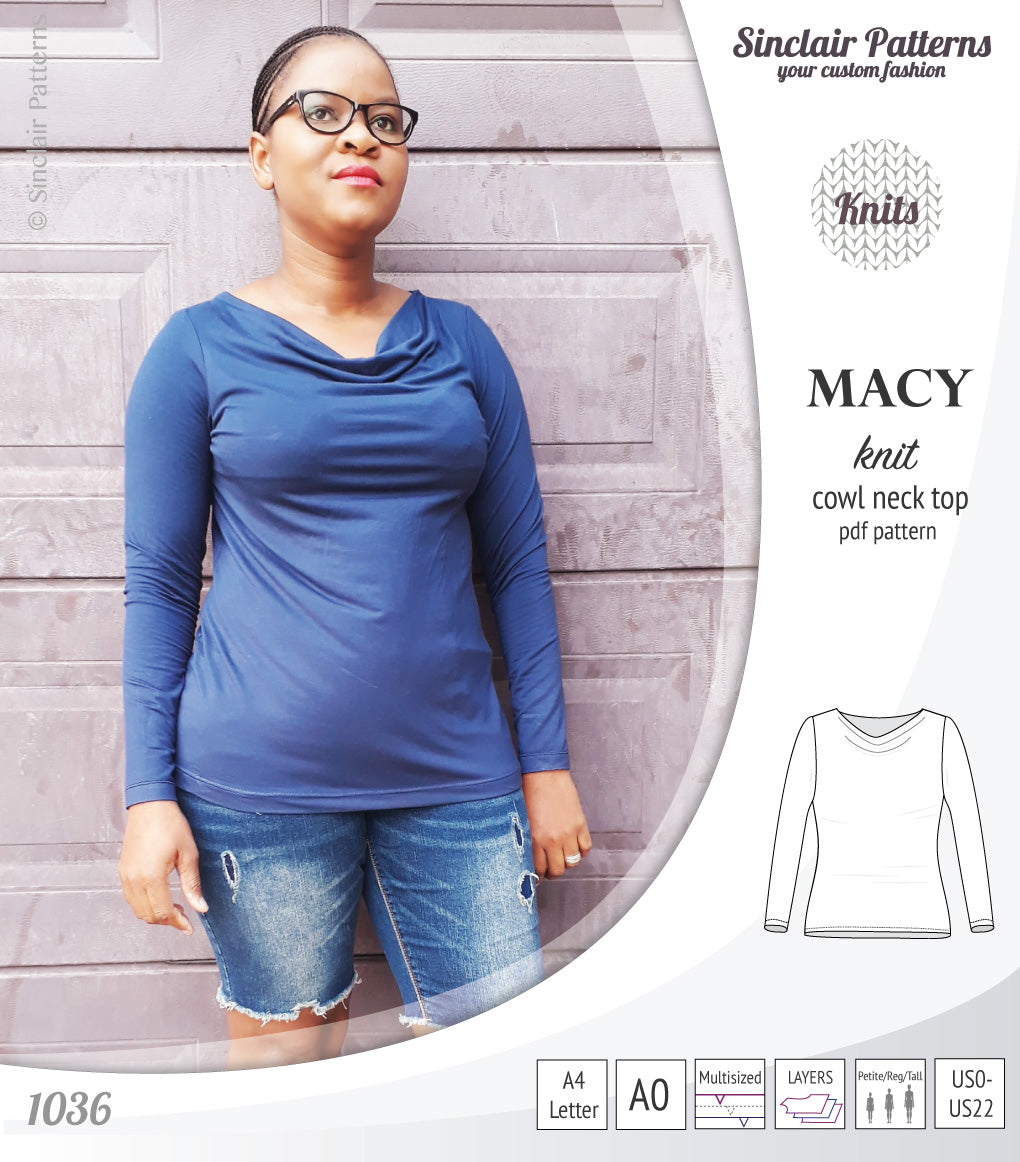 Pdf sewing pattern Macy cowl neck top by Sinclair Patterns