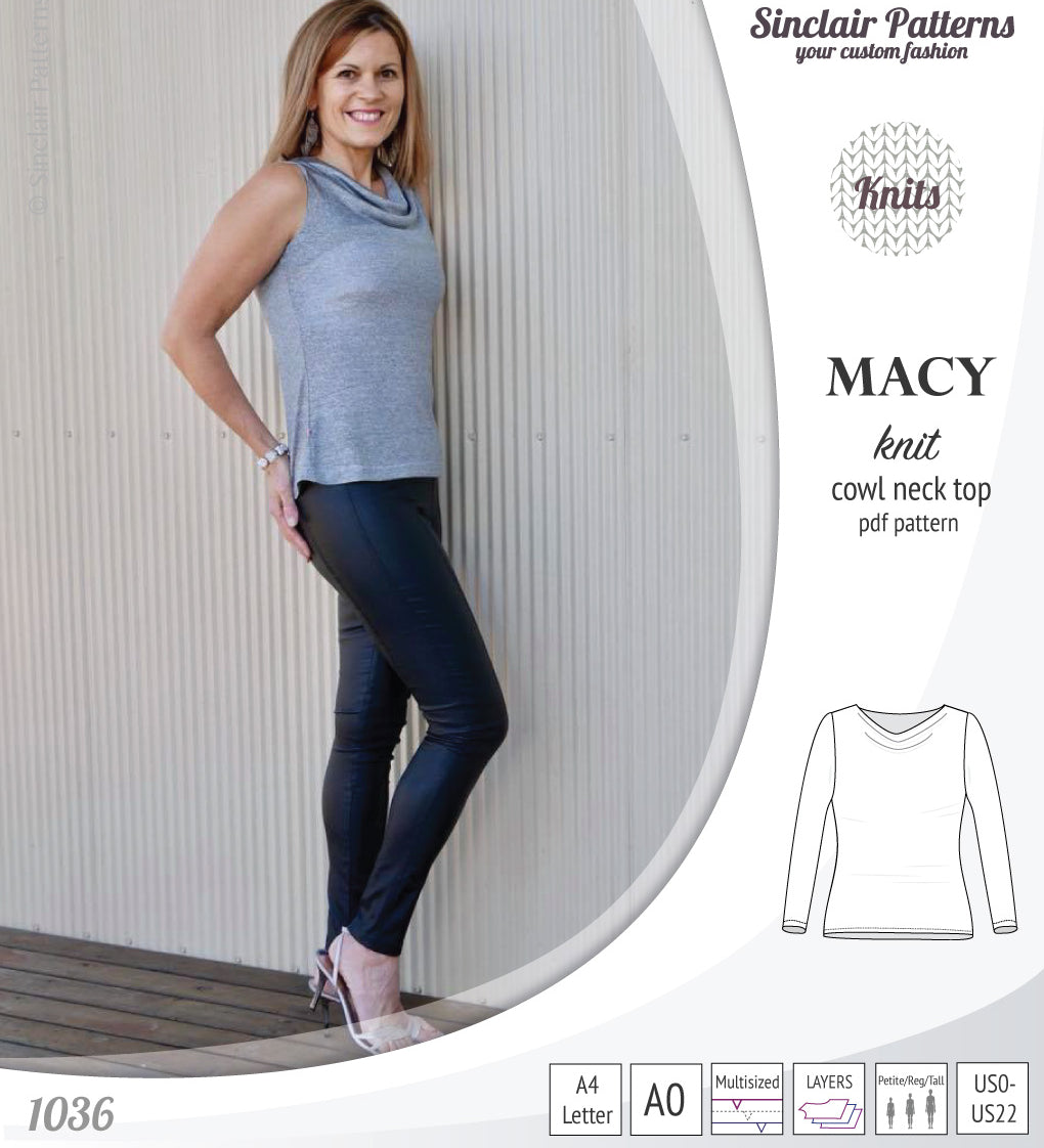 Pdf sewing pattern Macy cowl neck top by Sinclair Patterns