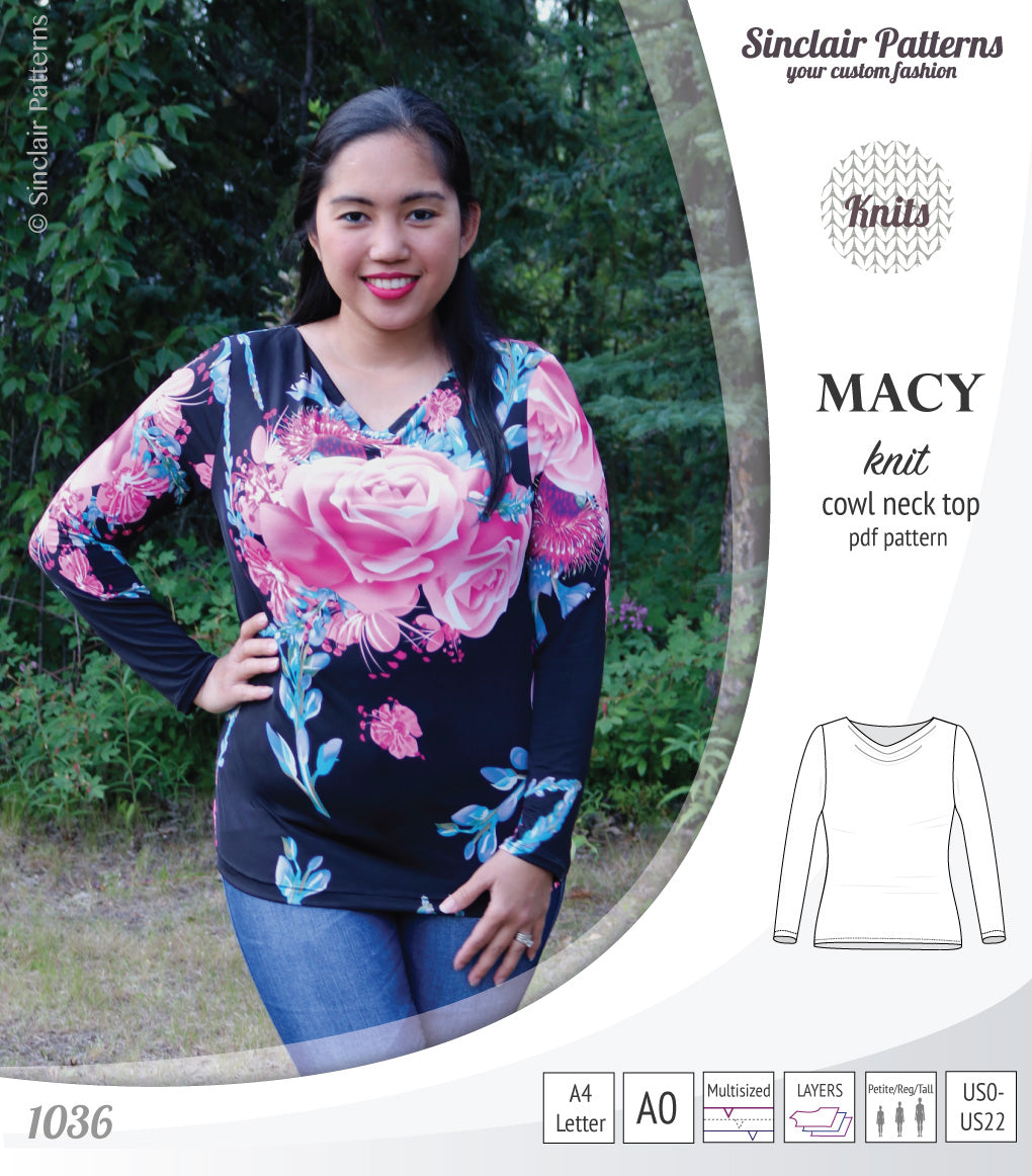Pdf sewing pattern Macy cowl neck top by Sinclair Patterns