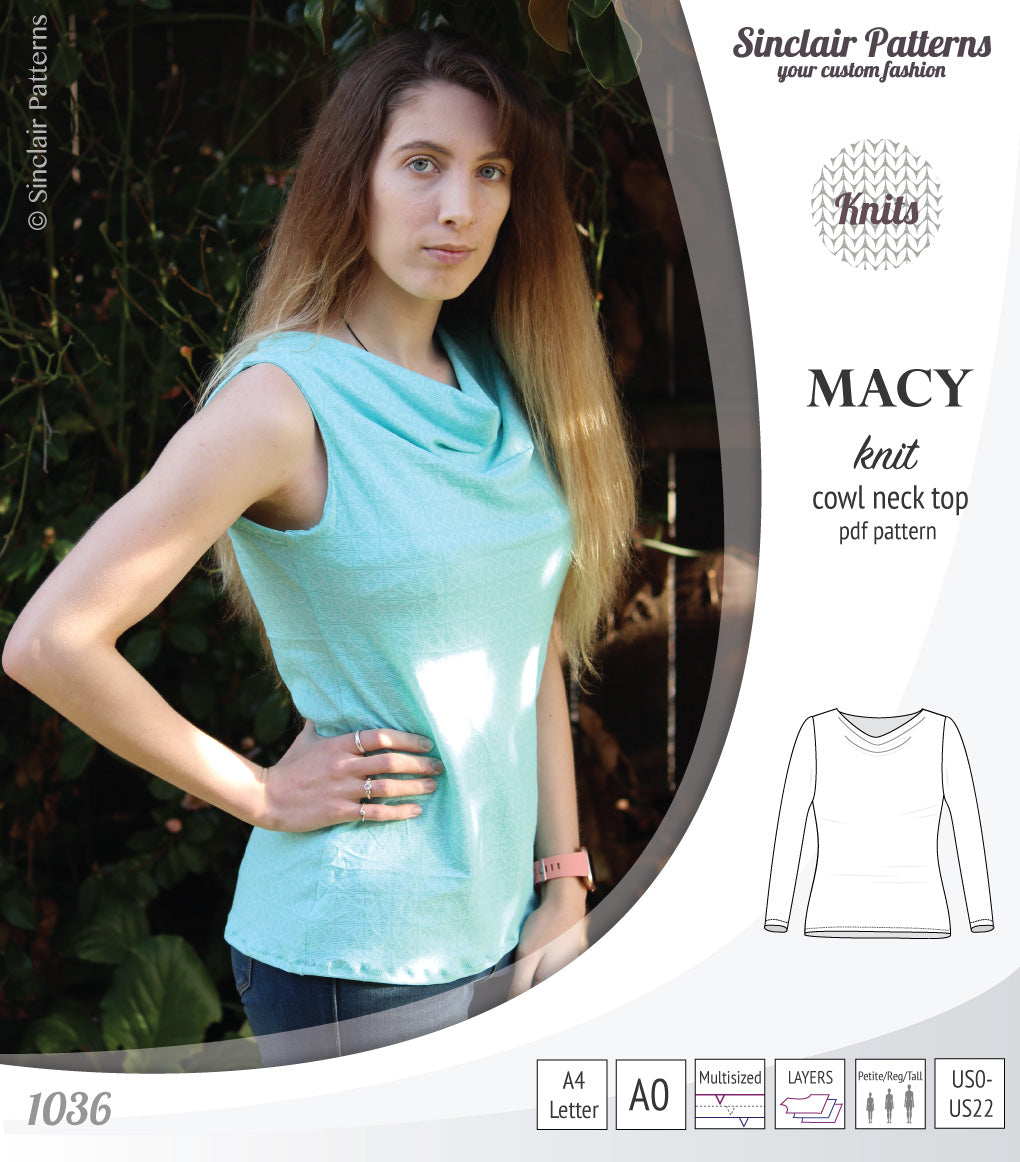Pdf sewing pattern Macy cowl neck top by Sinclair Patterns