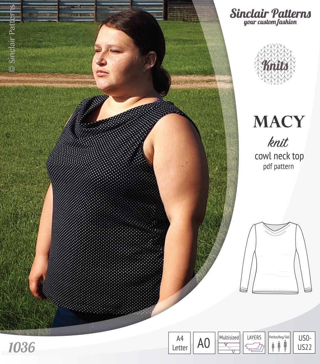 Pdf sewing pattern Macy cowl neck top by Sinclair Patterns