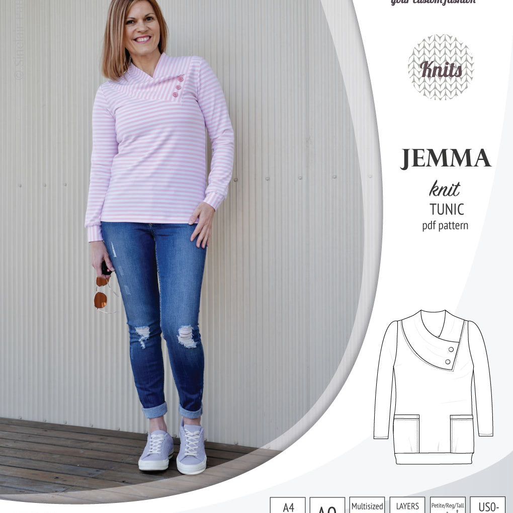 Pdf sewing pattern S1049 Jemma knit tunic with asymmetrical collar and pockets