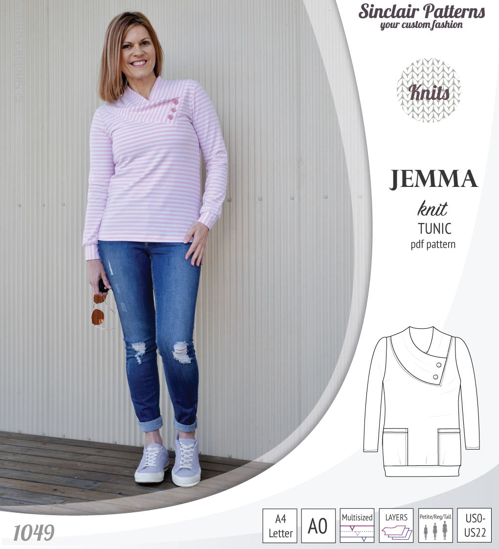 Pdf sewing pattern S1049 Jemma knit tunic with asymmetrical collar and pockets