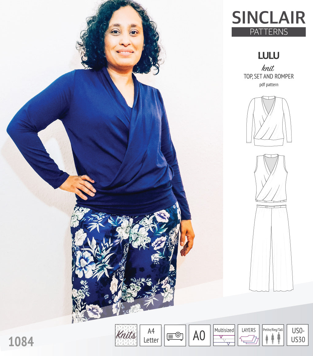 Sinclair Patterns Lulu faux wrap top, set and romper pdf sewing patterns for women