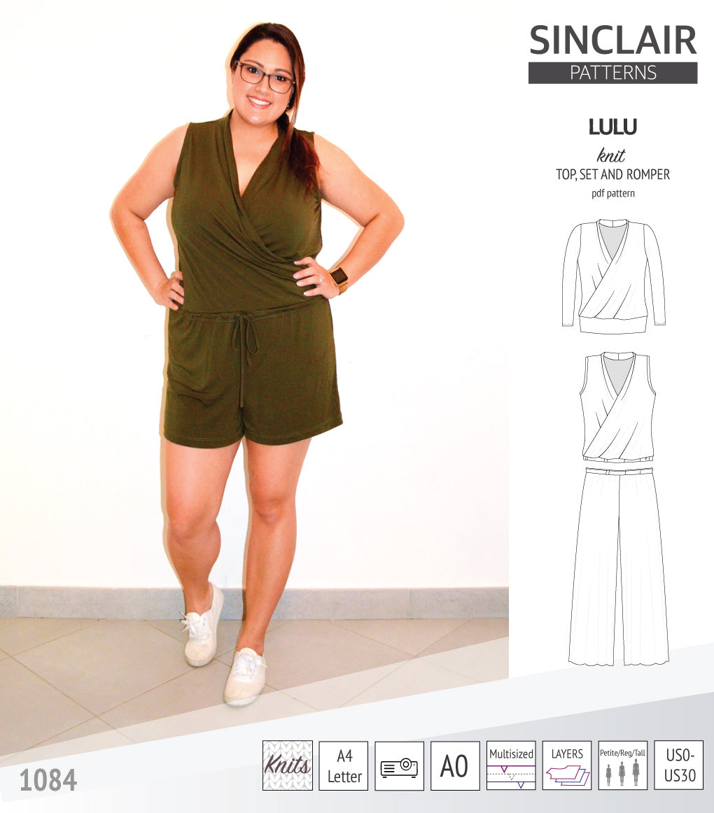 Sinclair Patterns Lulu faux wrap top, set and romper pdf sewing patterns for women