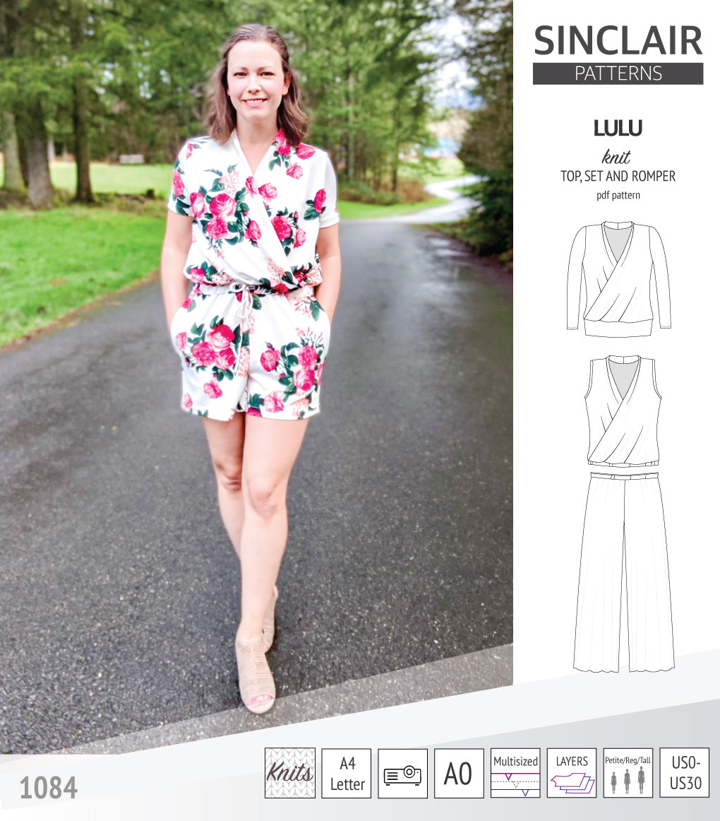 Sinclair Patterns Lulu faux wrap top, set and romper pdf sewing patterns for women
