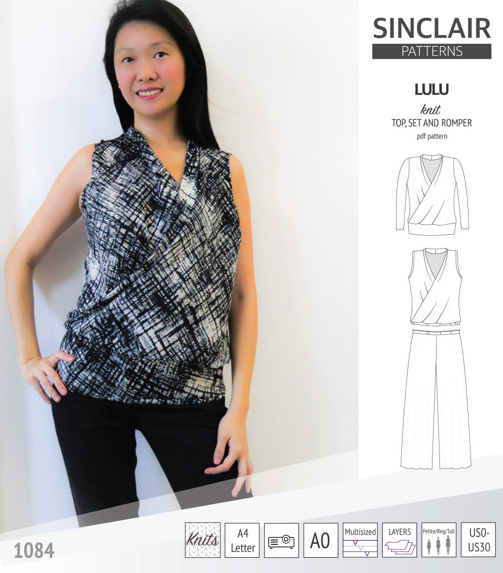 Sinclair Patterns Lulu faux wrap top, set and romper pdf sewing patterns for women