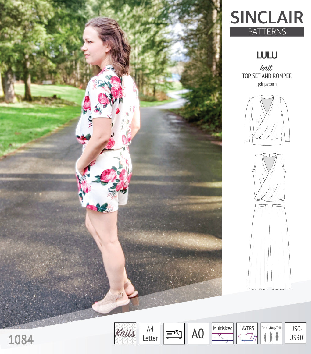 Sinclair Patterns Lulu faux wrap top, set and romper pdf sewing patterns for women