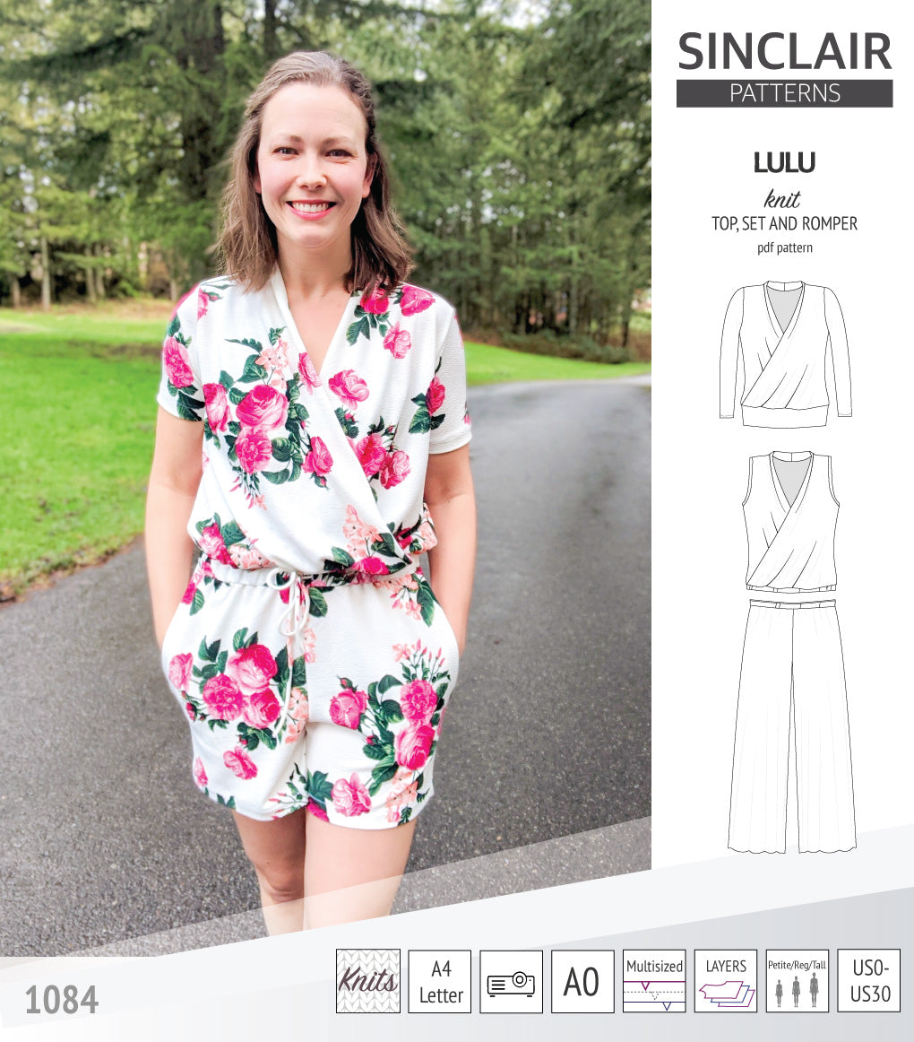 Sinclair Patterns Lulu faux wrap top, set and romper pdf sewing patterns for women