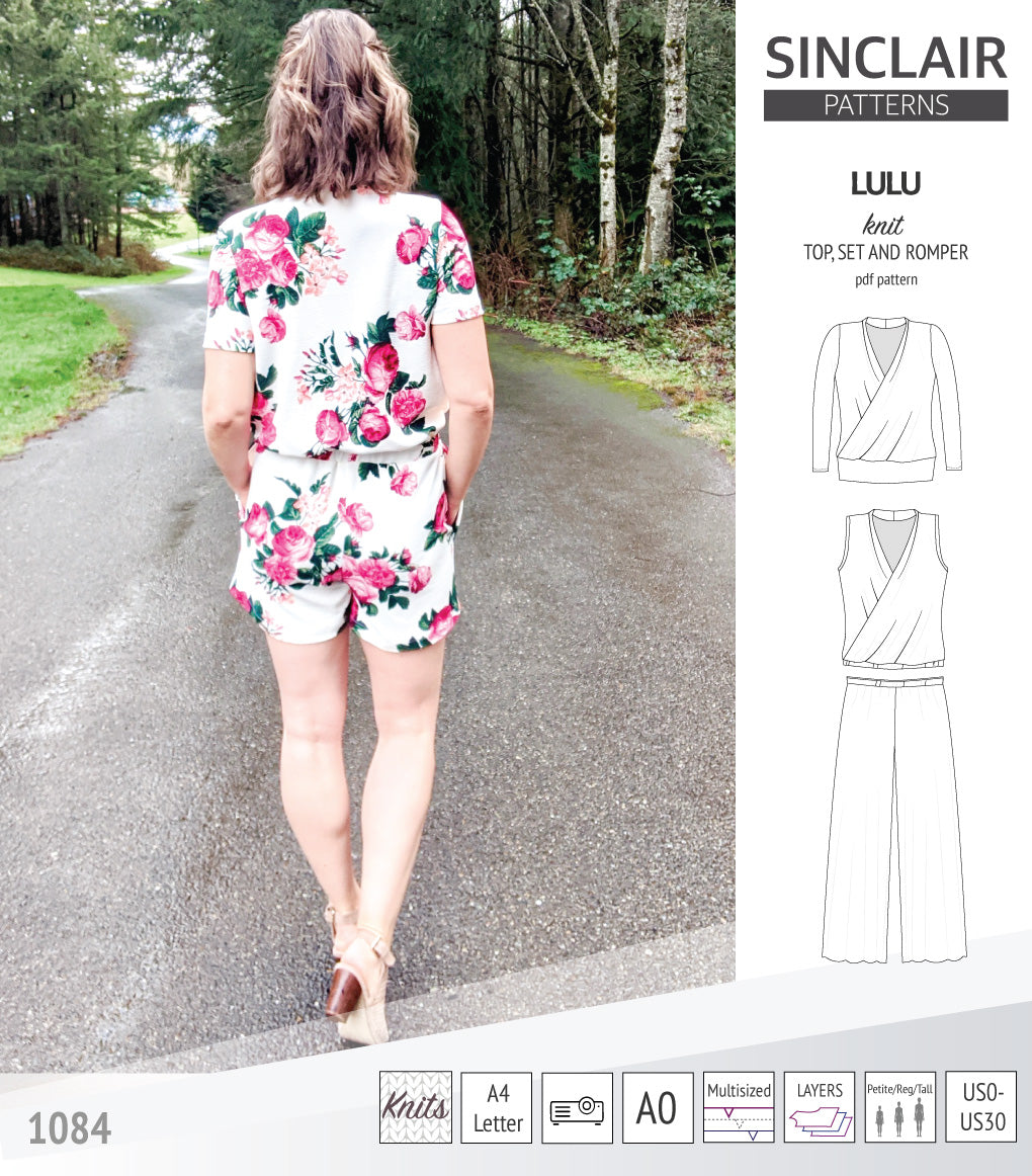 Sinclair Patterns Lulu faux wrap top, set and romper pdf sewing patterns for women