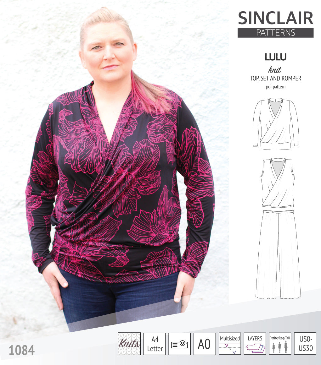 Sinclair Patterns Lulu faux wrap top, set and romper pdf sewing patterns for women
