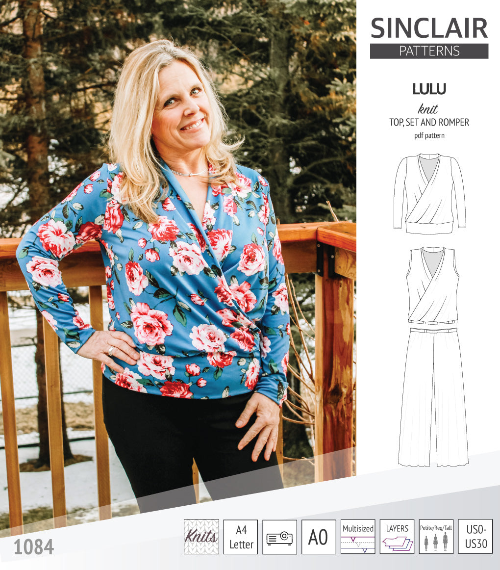Sinclair Patterns Lulu faux wrap top, set and romper pdf sewing patterns for women