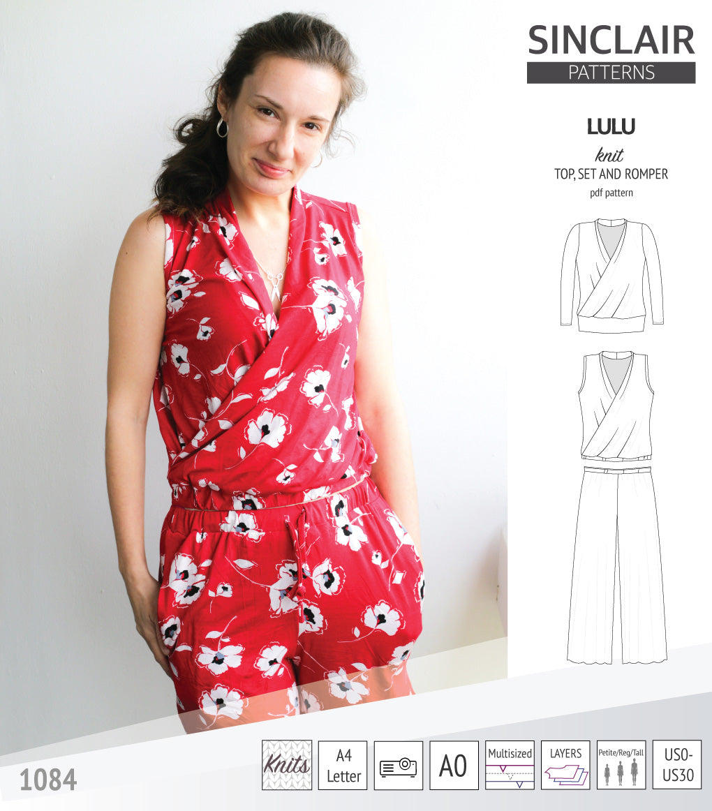 Sinclair Patterns Lulu faux wrap top, set and romper pdf sewing patterns for women