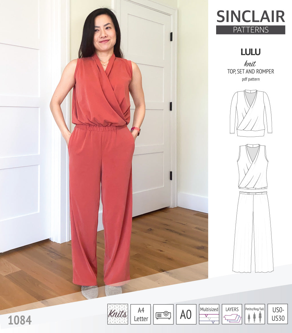 Sinclair Patterns Lulu faux wrap top, set and romper pdf sewing patterns for women