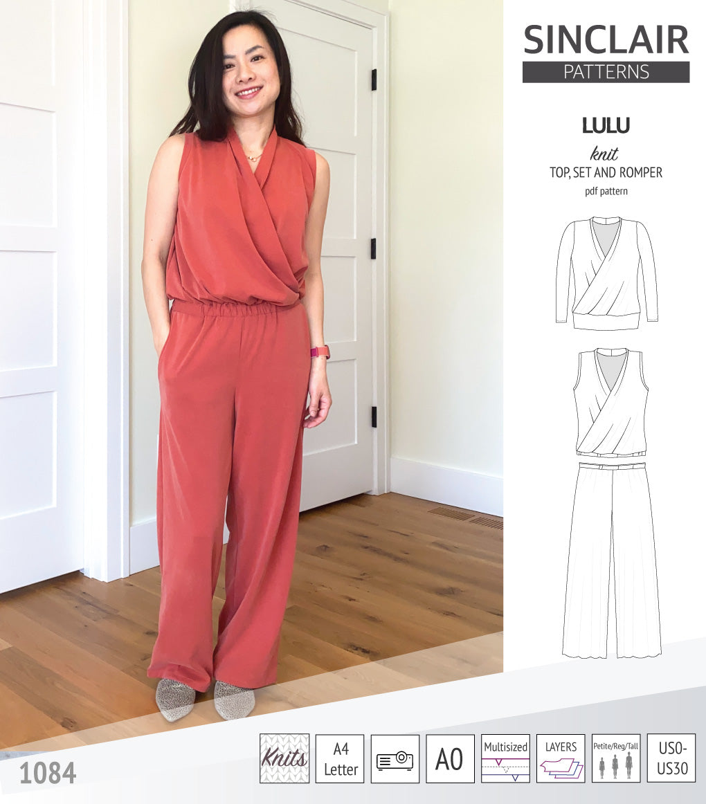 Sinclair Patterns Lulu faux wrap top, set and romper pdf sewing patterns for women